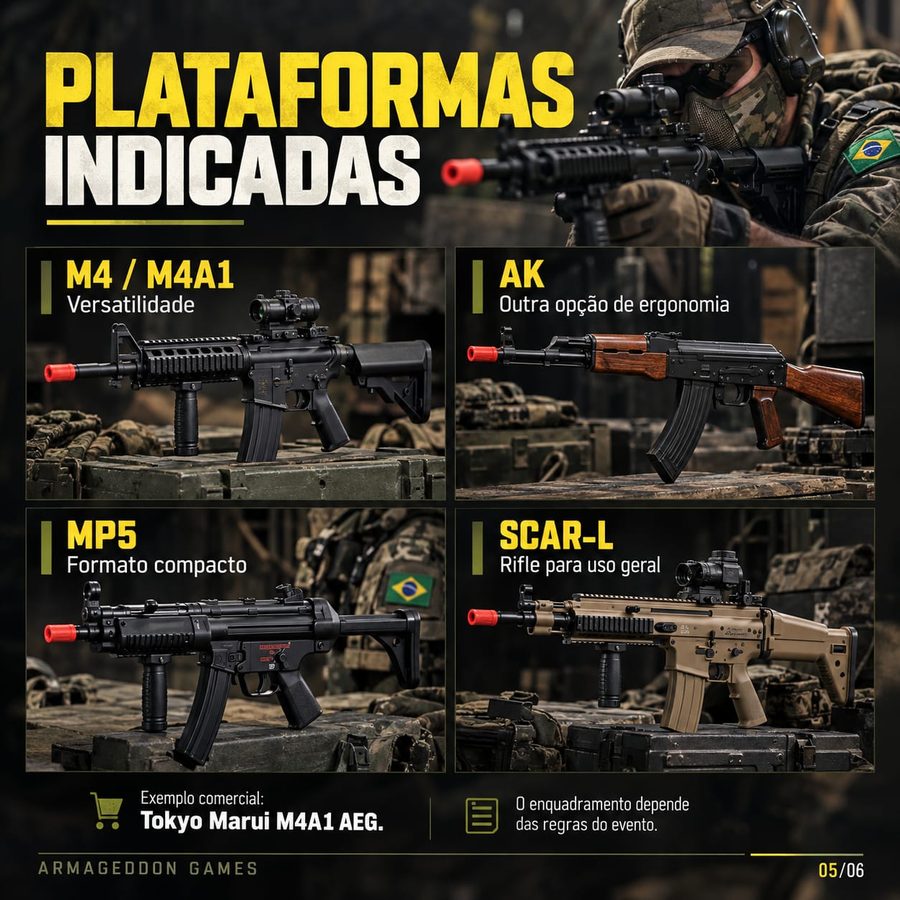 Plataformas indicadas para assalto: M4/M4A1, AK, MP5 e SCAR-L. Exemplo comercial: Tokyo Marui M4A1 AEG. O enquadramento depende das regras do evento.