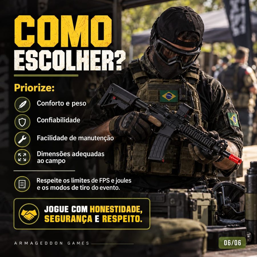 Como escolher o equipamento de assalto: conforto e peso, confiabilidade, facilidade de manutenção e dimensões adequadas ao campo. Respeite os limites de FPS e joules e os modos de tiro do evento.