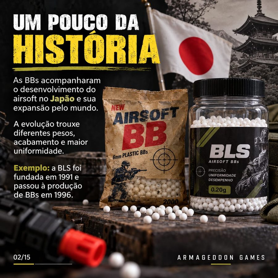Um pouco da história: as BBs acompanharam o desenvolvimento do airsoft no Japão. A BLS foi fundada em 1991 e passou à produção de BBs em 1996.