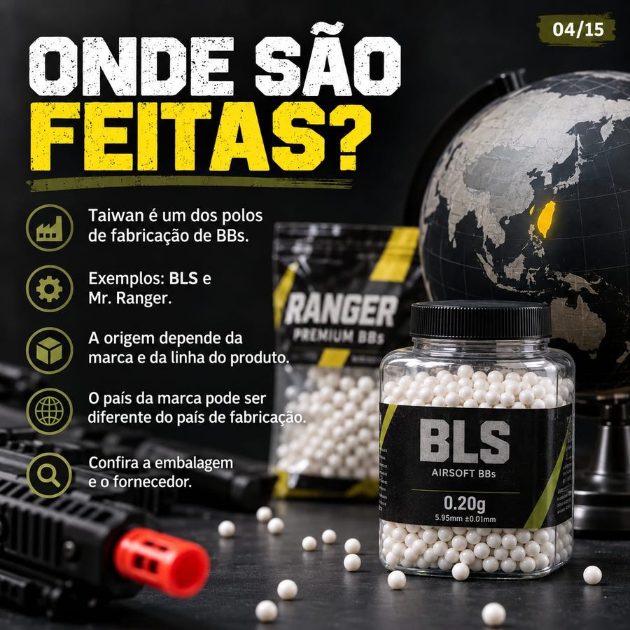 Onde são feitas: Taiwan é um dos polos de fabricação, com BLS e Mr. Ranger. O país da marca pode ser diferente do país de fabricação.