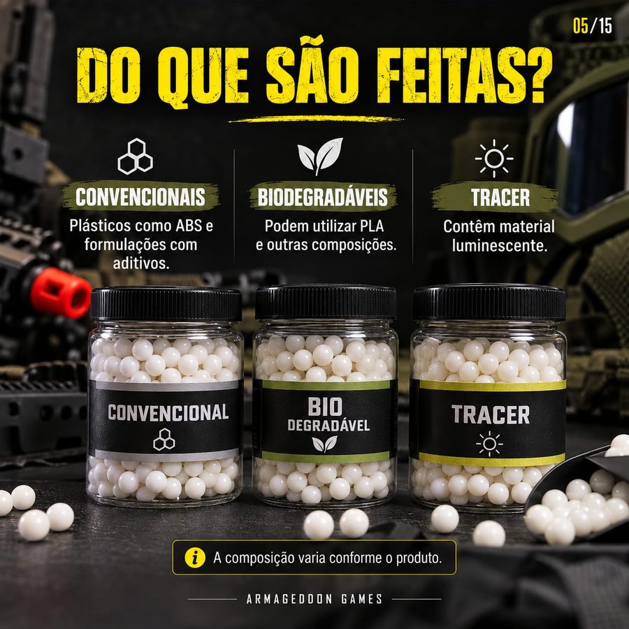 Do que são feitas: convencionais em plásticos como ABS, biodegradáveis em PLA e tracer com material luminescente.