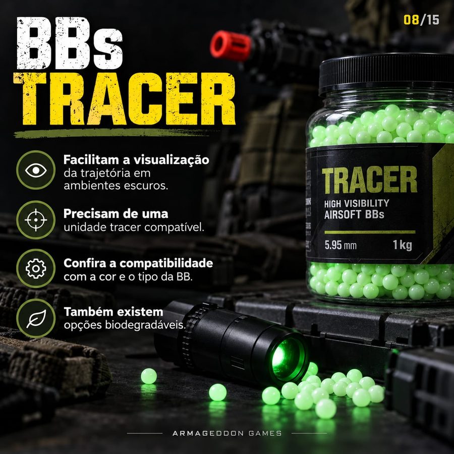 BBs tracer: facilitam ver a trajetória em ambientes escuros e precisam de uma unidade tracer compatível.