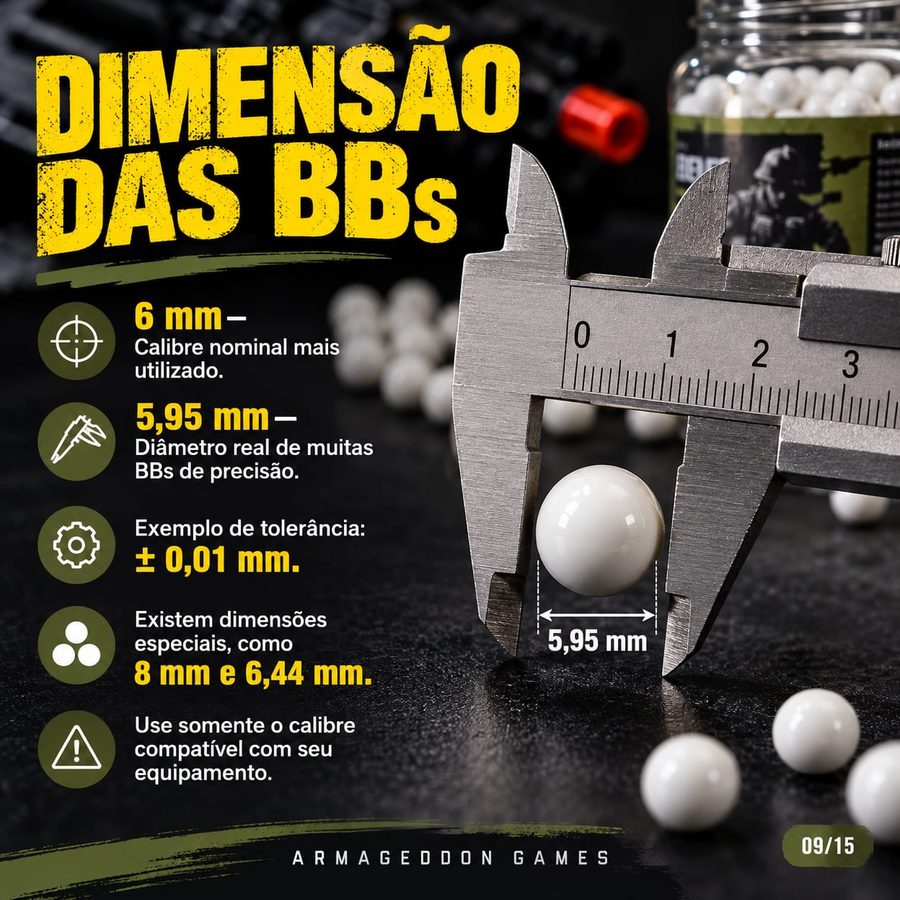 Dimensão das BBs: calibre nominal de 6 mm, diâmetro real de muitas BBs de precisão de 5,95 mm, tolerância de ± 0,01 mm e dimensões especiais de 8 mm e 6,44 mm.