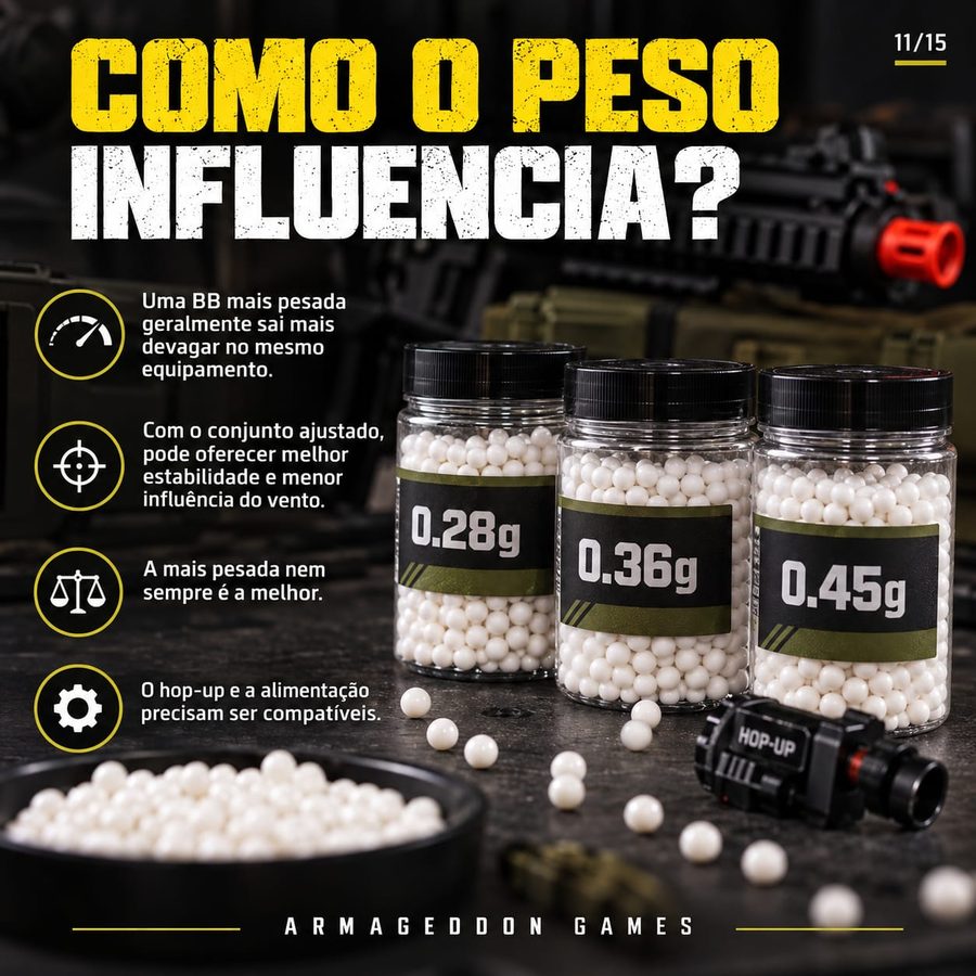 Como o peso influencia: BB mais pesada sai mais devagar no mesmo equipamento e, com o conjunto ajustado, sofre menos influência do vento. A mais pesada nem sempre é a melhor.