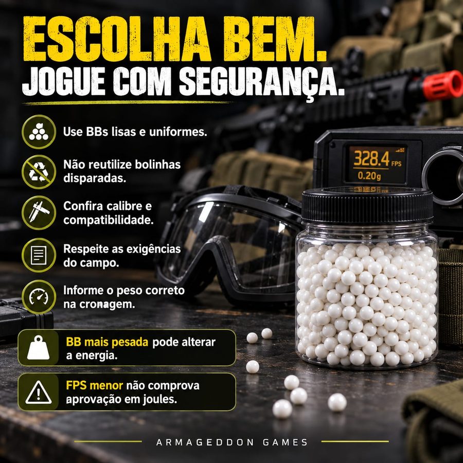Escolha bem, jogue com segurança: BBs lisas e uniformes, não reutilizar bolinhas, conferir calibre, respeitar o campo e informar o peso correto na cronagem.