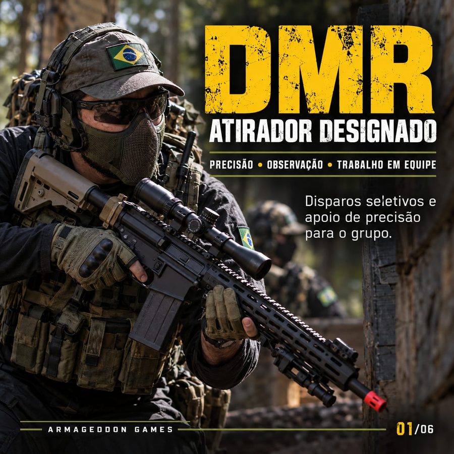 DMR, atirador designado: precisão, observação e trabalho em equipe. Disparos seletivos e apoio de precisão para o grupo.