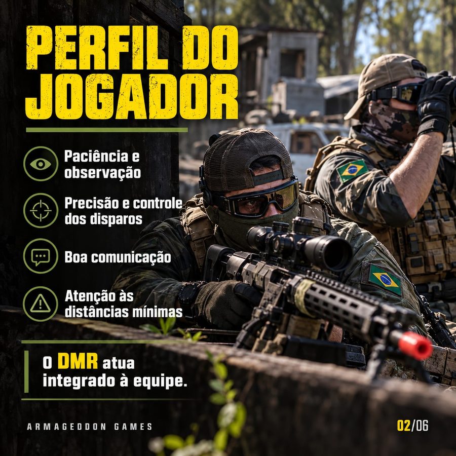 Perfil do jogador DMR: paciência e observação, precisão e controle dos disparos, boa comunicação e atenção às distâncias mínimas. O DMR atua integrado à equipe.