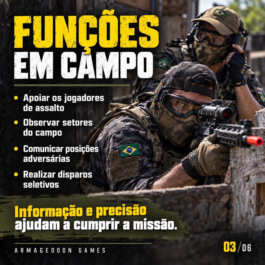 Funções em campo do DMR: apoiar os jogadores de assalto, observar setores do campo, comunicar posições adversárias e realizar disparos seletivos.
