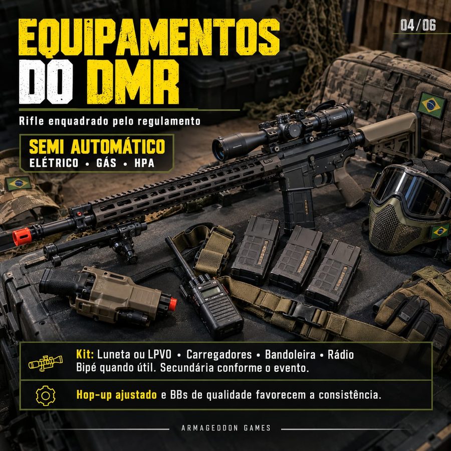 Equipamentos do DMR: rifle enquadrado pelo regulamento, semiautomático, elétrico, a gás ou HPA. Kit: luneta ou LPVO, carregadores, bandoleira, rádio e bipé quando útil.
