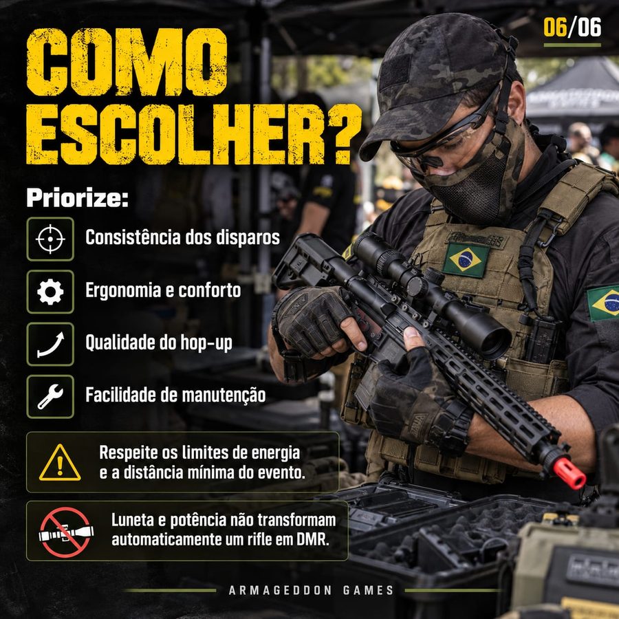 Como escolher o DMR: consistência dos disparos, ergonomia e conforto, qualidade do hop-up e facilidade de manutenção. Luneta e potência não transformam automaticamente um rifle em DMR.