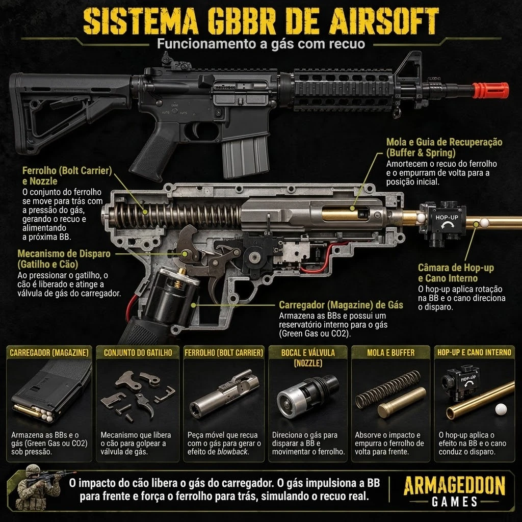 Sistema GBBR de airsoft, funcionamento a gás com recuo: carregador com BBs e gás, conjunto do gatilho, ferrolho, bocal e válvula, mola e buffer, hop-up e cano interno. O impacto do cão libera o gás do carregador; o gás impulsiona a BB e força o ferrolho para trás, simulando o recuo.