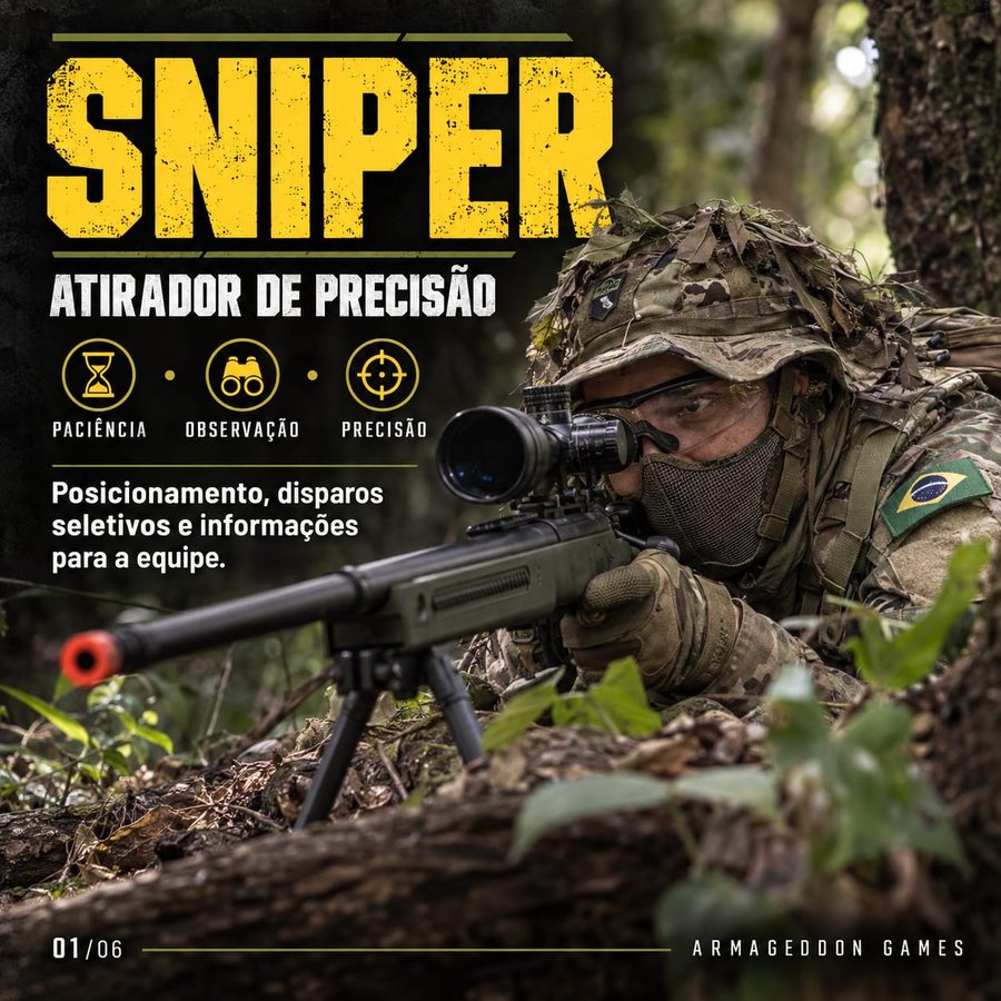 Sniper, atirador de precisão: paciência, observação e precisão. Posicionamento, disparos seletivos e informações para a equipe.