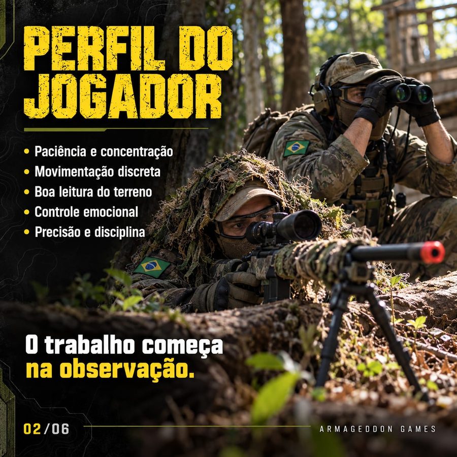 Perfil do jogador sniper: paciência e concentração, movimentação discreta, boa leitura do terreno, controle emocional, precisão e disciplina. O trabalho começa na observação.