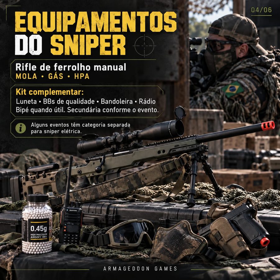 Equipamentos do sniper: rifle de ferrolho manual por mola, gás ou HPA. Kit: luneta, BBs de qualidade, bandoleira, rádio e bipé quando útil.