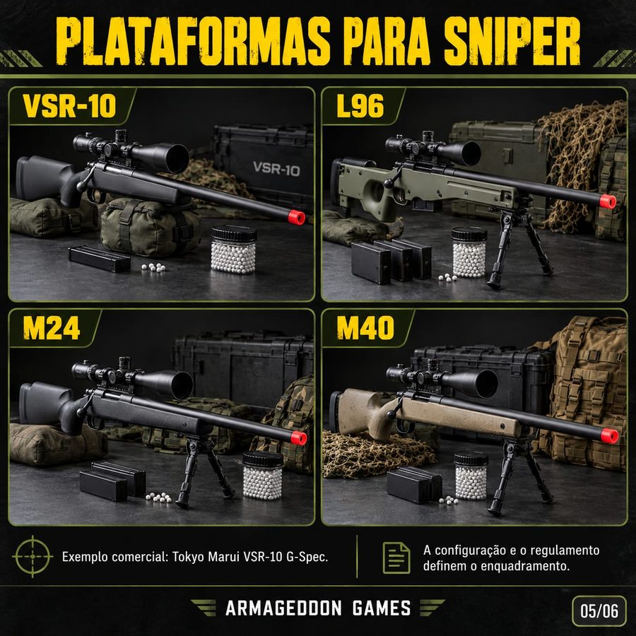 Plataformas para sniper: VSR-10, L96, M24 e M40. Exemplo comercial: Tokyo Marui VSR-10 G-Spec.
