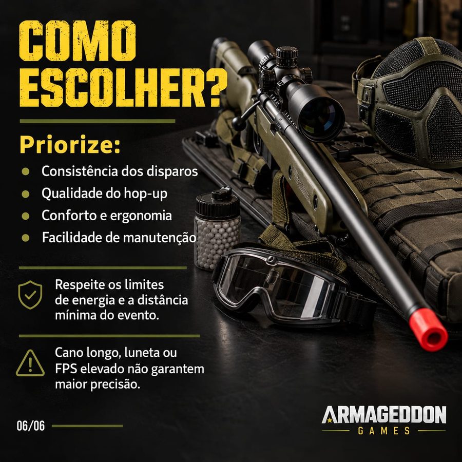 Como escolher o rifle sniper: consistência dos disparos, qualidade do hop-up, conforto e ergonomia e facilidade de manutenção. Cano longo, luneta ou FPS elevado não garantem maior precisão.