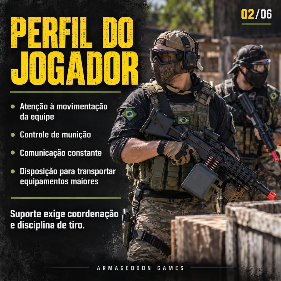 Perfil do jogador de suporte: atenção à movimentação da equipe, controle de munição, comunicação constante e disposição para transportar equipamentos maiores.