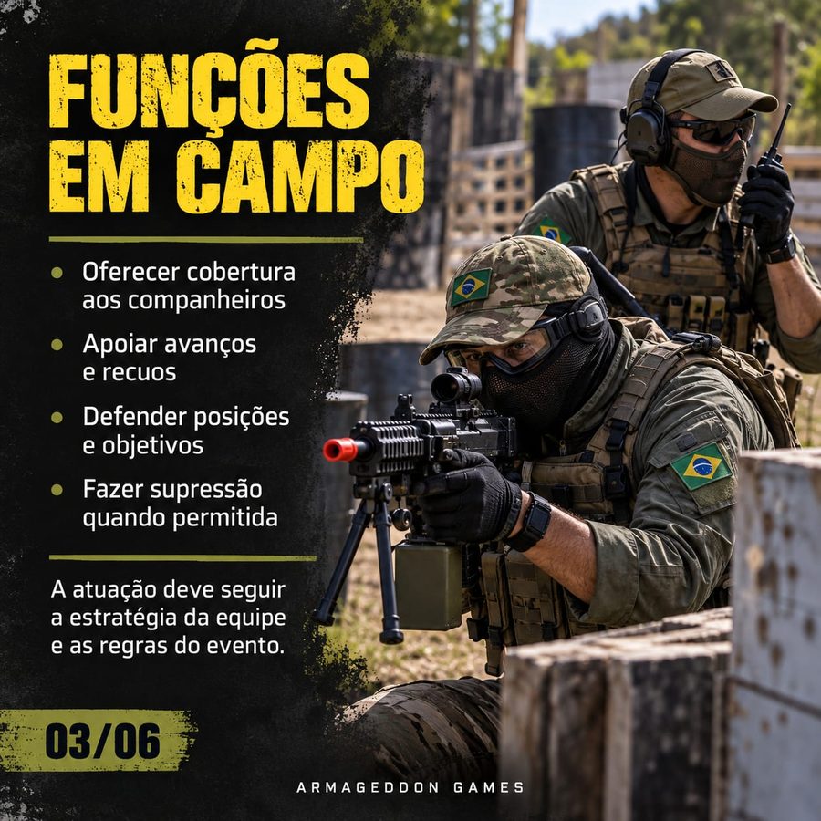 Funções em campo do suporte: oferecer cobertura aos companheiros, apoiar avanços e recuos, defender posições e objetivos e fazer supressão quando permitida.