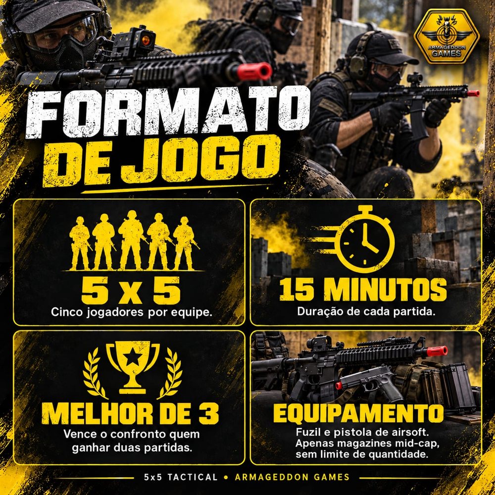 Formato de jogo: 5x5, 15 minutos, melhor de 3 e equipamento
